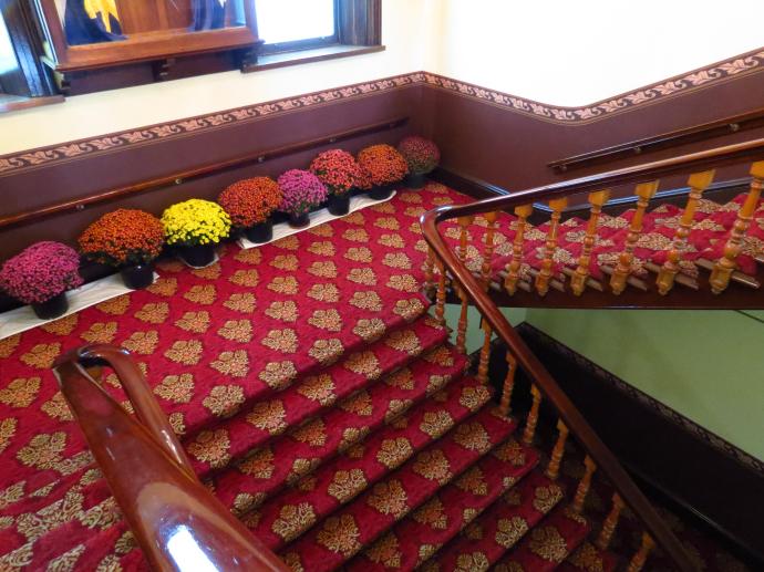 Pots of chrysanthemums decorate the stair well